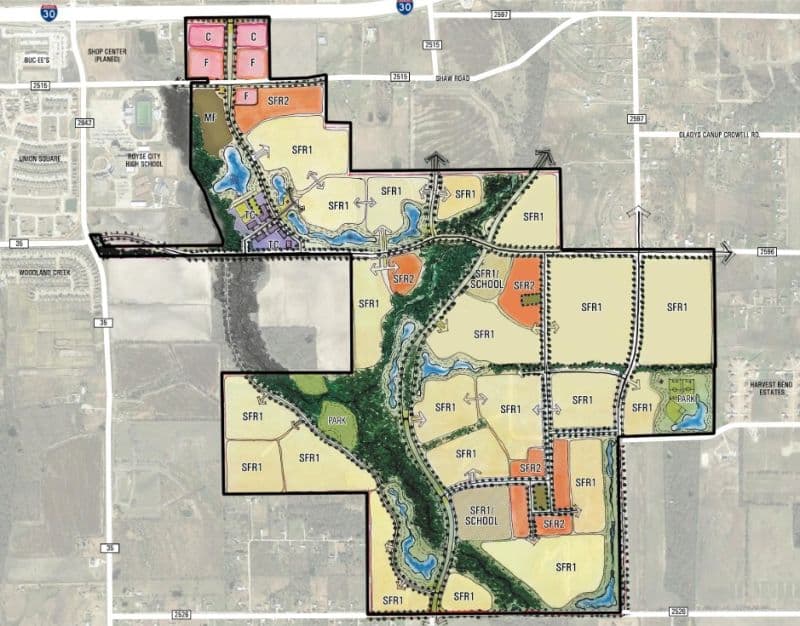 Bearpen Creek master plan showing single-family residential, schools, parks, water features, and commercial frontage along IH-30